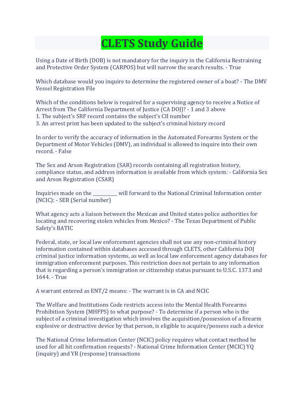 Preview image of CLETS Study Guide Questions And Answers Latest Update document